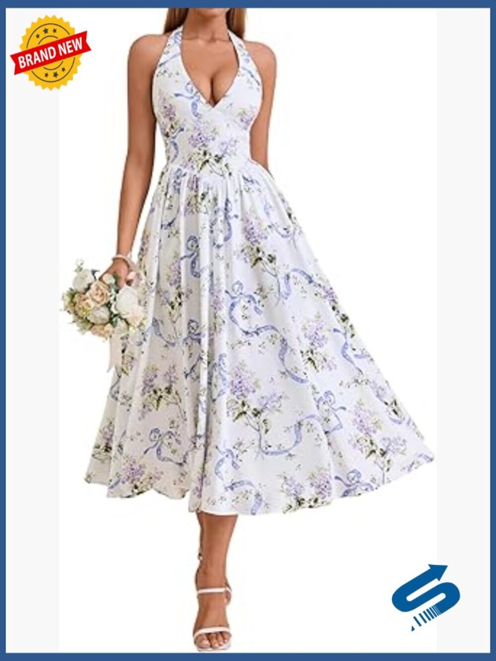 Halter V Neck Midi Dress Smocked A Line Sundress Wedding Guest